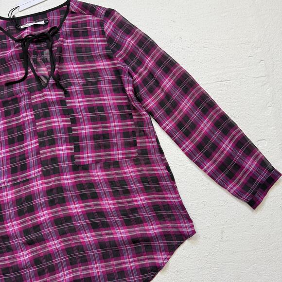Three Eighty Two Plaid Sheer Tie Front Blouse Size XS NWT Made in USA - Picture 3 of 6